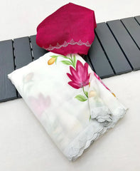 New White Color Partywear Soft Georgette Handbrush Print With Siroski Cut Work Fancy Designer Saree