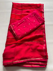 New Partywear Red Fancy Chiffon Georgette Saree with multi tone stipes allover stone drop work lines Blouse as shown