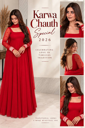Designer Faux Georgette Maxi Anarkali Suit Set – Red & Yellow
