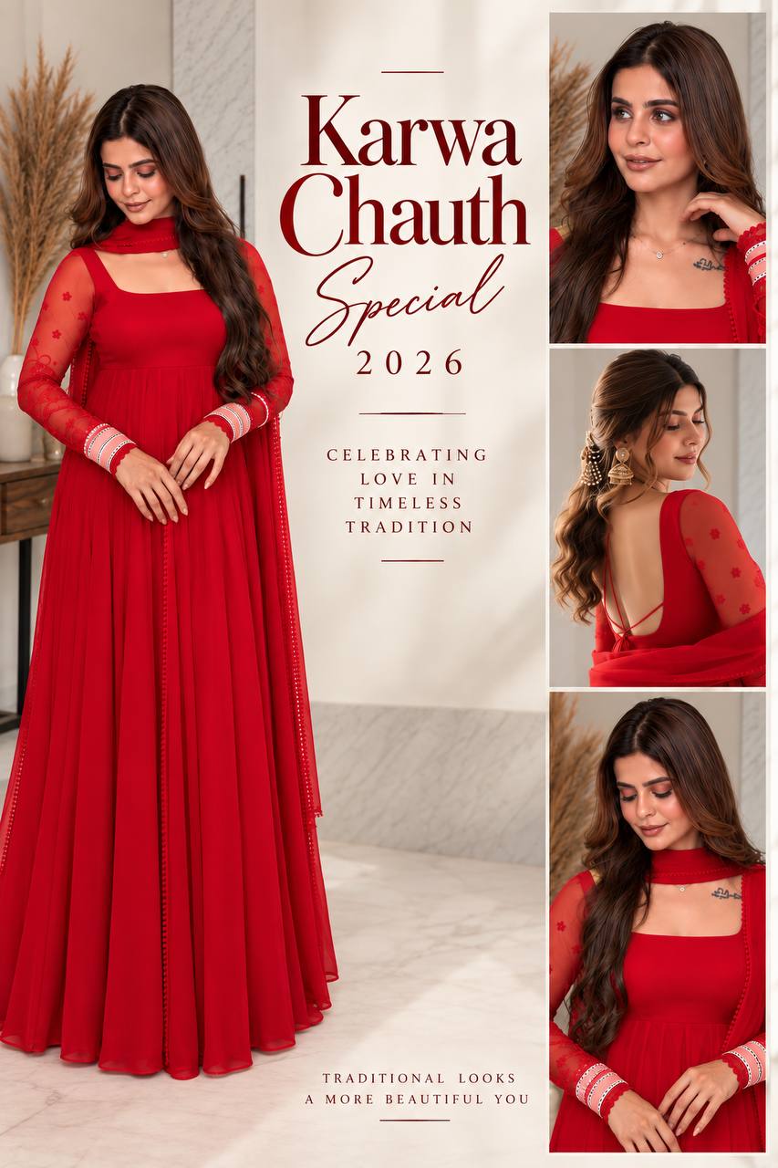 Designer Faux Georgette Maxi Anarkali Suit Set – Red & Yellow