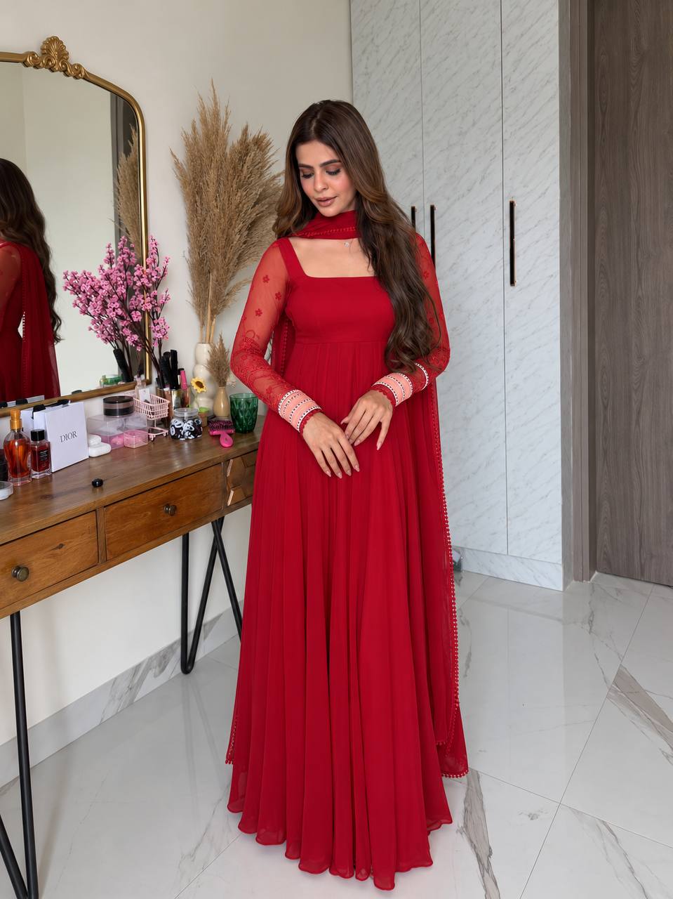 Designer Faux Georgette Maxi Anarkali Suit Set – Red & Yellow