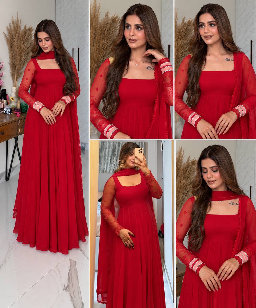 Designer Faux Georgette Maxi Anarkali Suit Set – Red & Yellow