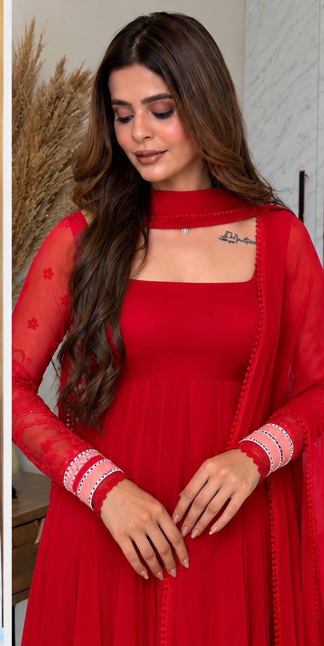 Designer Faux Georgette Maxi Anarkali Suit Set – Red & Yellow