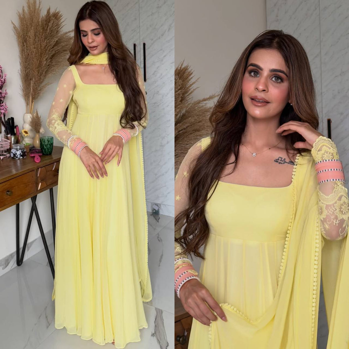 Designer Faux Georgette Maxi Anarkali Suit Set  Yellow