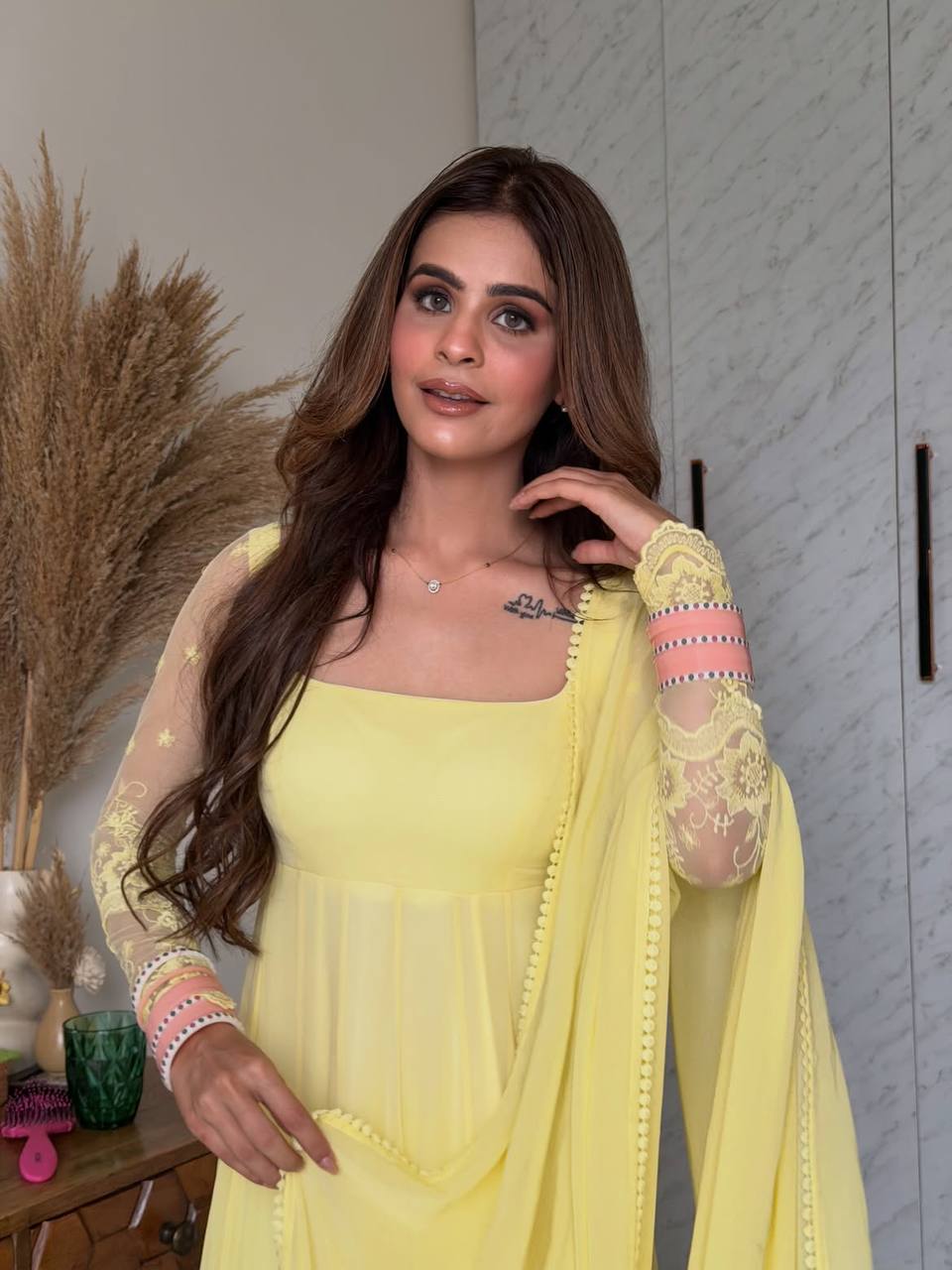 Designer Faux Georgette Maxi Anarkali Suit Set  Yellow
