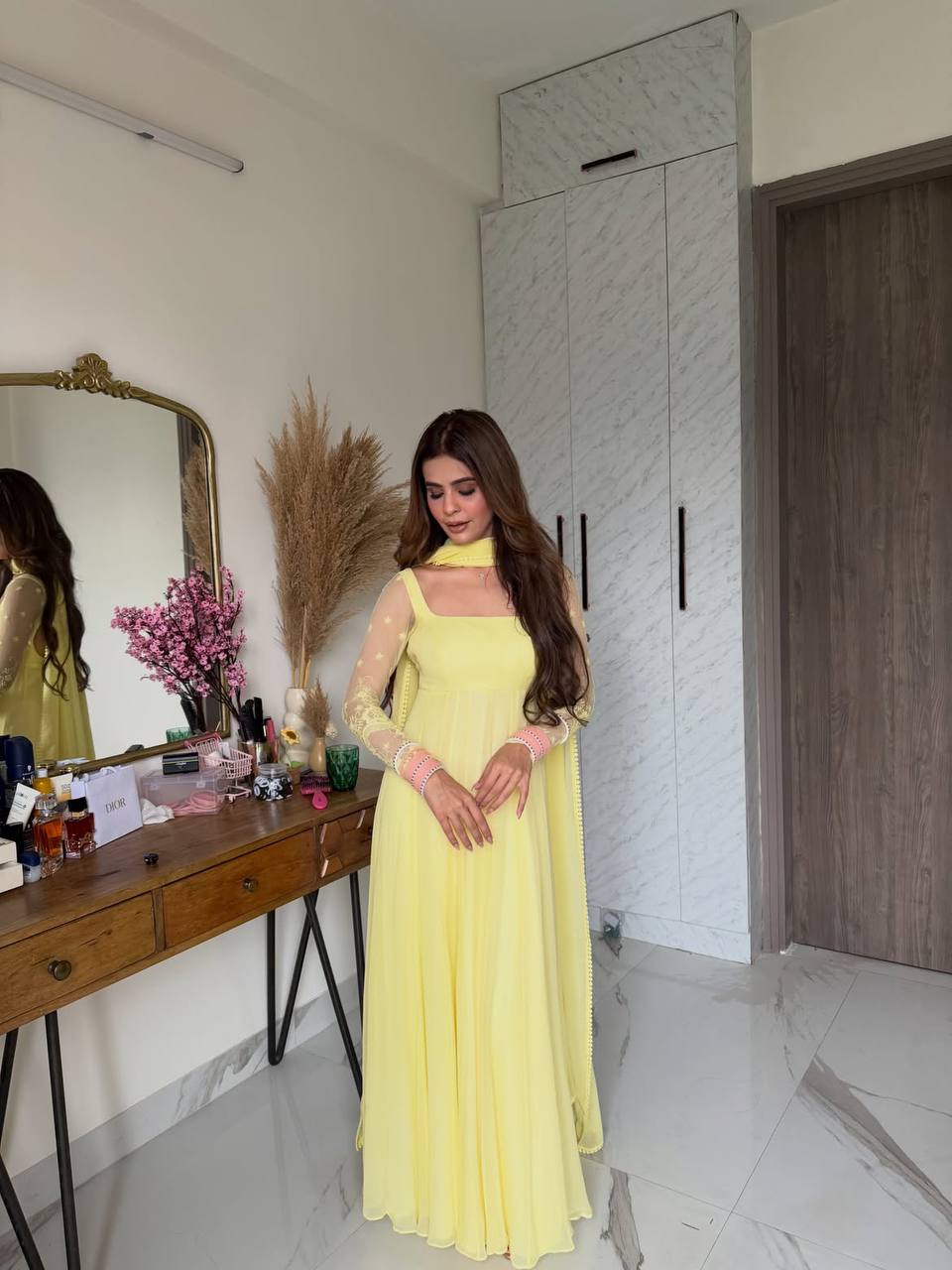 Designer Faux Georgette Maxi Anarkali Suit Set  Yellow