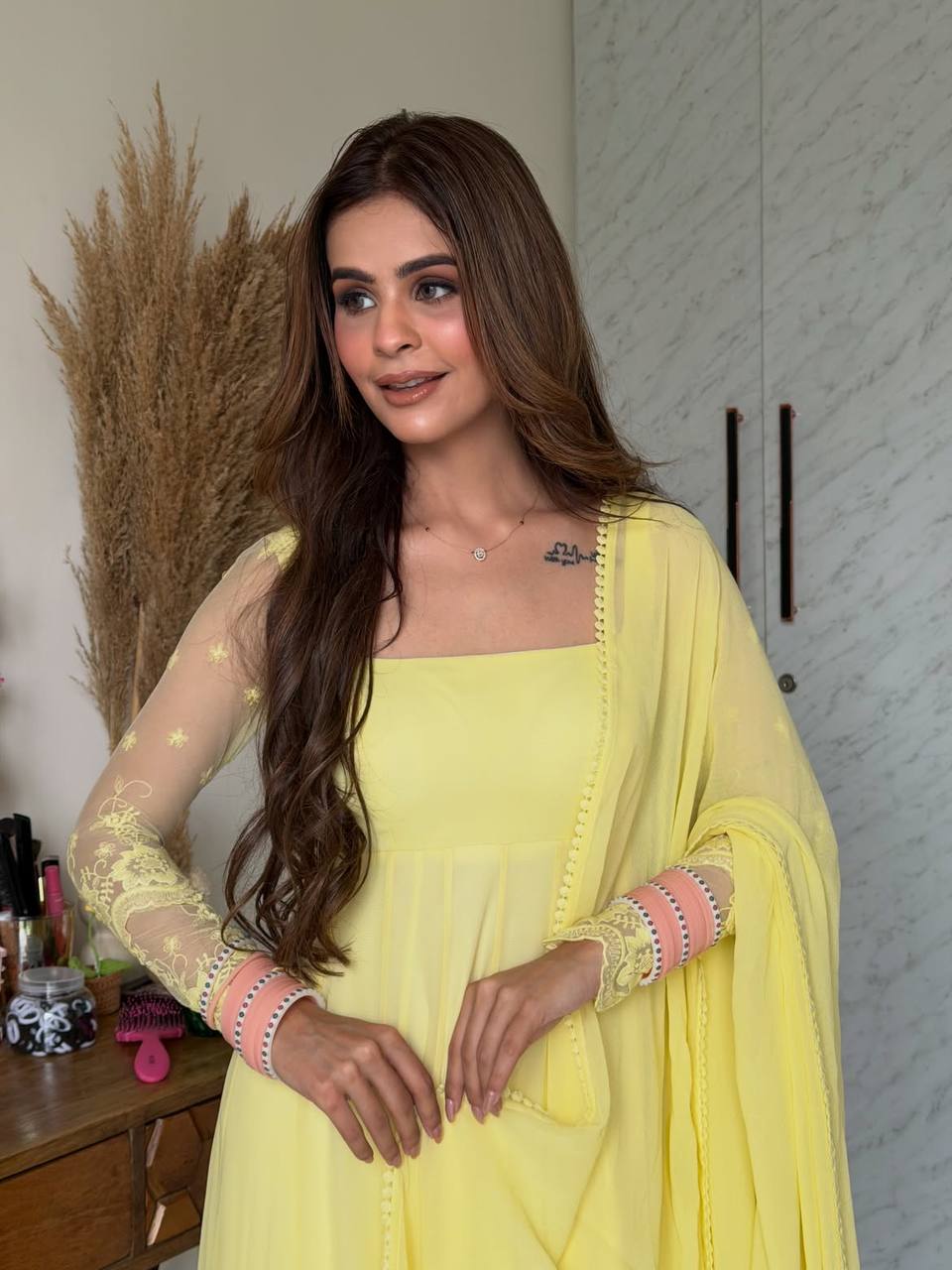 Designer Faux Georgette Maxi Anarkali Suit Set  Yellow